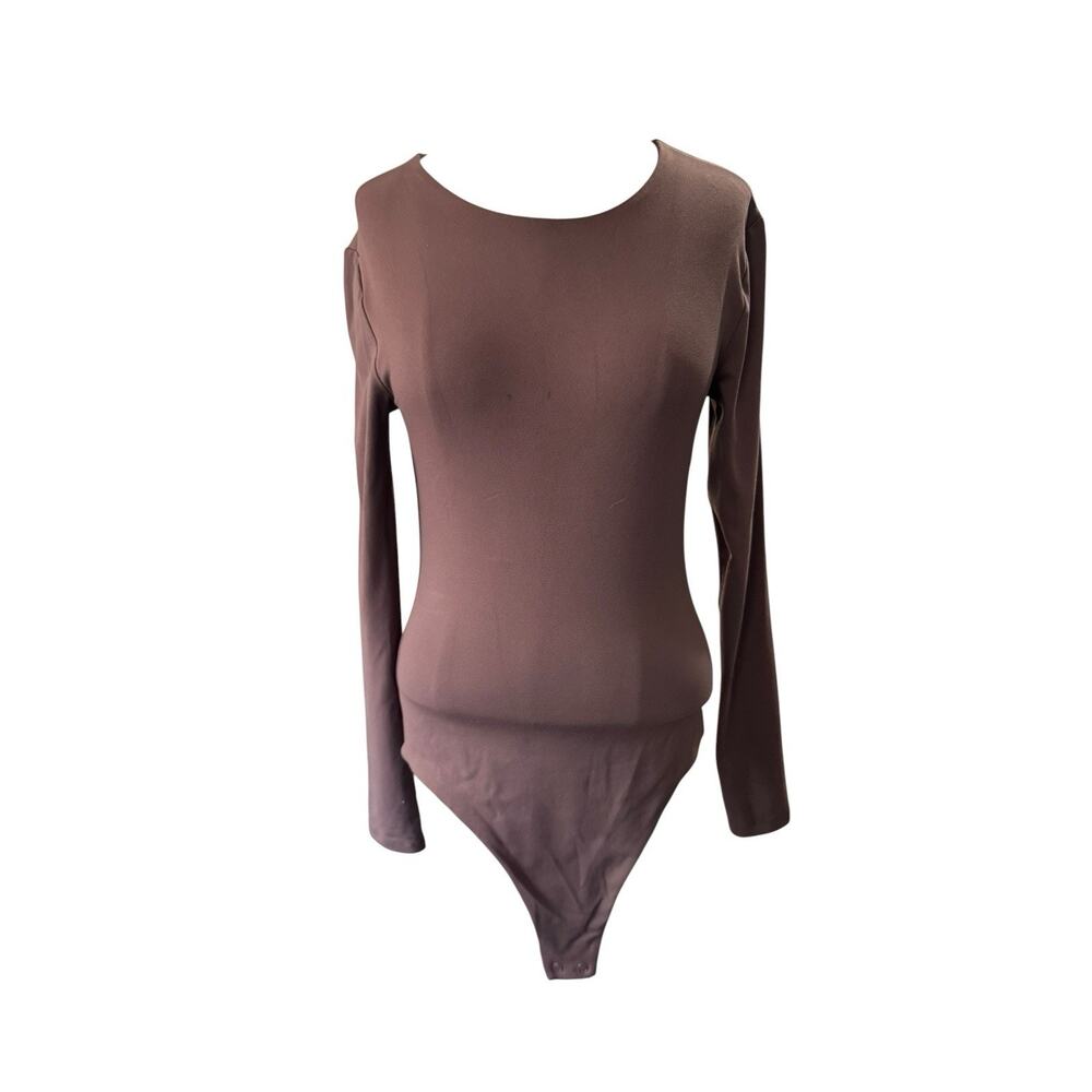 Nuuds Long Sleeve Scoop Neck Bodysuit S Brown Thong Smoothing Layering Basic Top